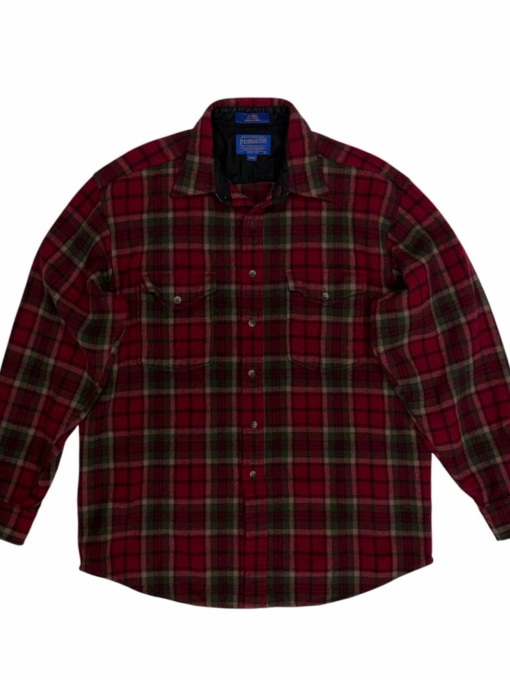 Vintage Pendleton Board Shirt Men Large Long Red Green Plaid Wool Collar Flannel - Picture 2 of 9